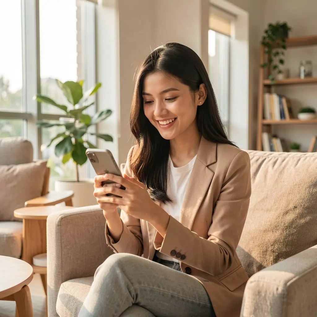 Young Malaysian woman smiling while browsing the YES82my mobile casino app on her smartphone in a modern indoor setting
