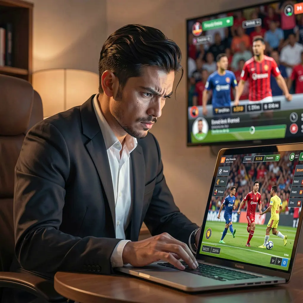 Focused Malaysian bettor analyzing live soccer odds and match statistics on a laptop using the YES82my betting platform
