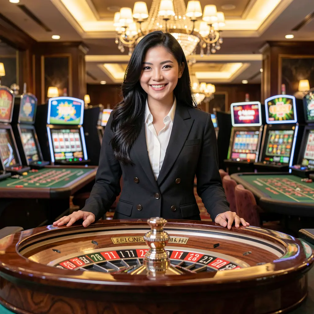 Professional live casino dealer standing at a roulette table in a luxurious casino setting, highlighting the immersive live gaming experience available at YES82my for players in Malaysia