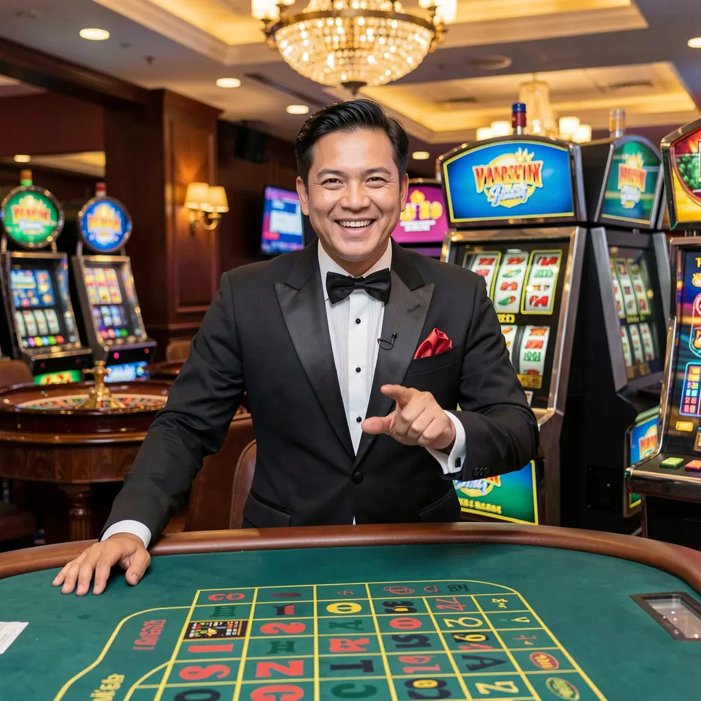 Smiling casino dealer pointing forward in a classic uniform with roulette and slot machines behind him symbolizing trusted login at YES82my Malaysia